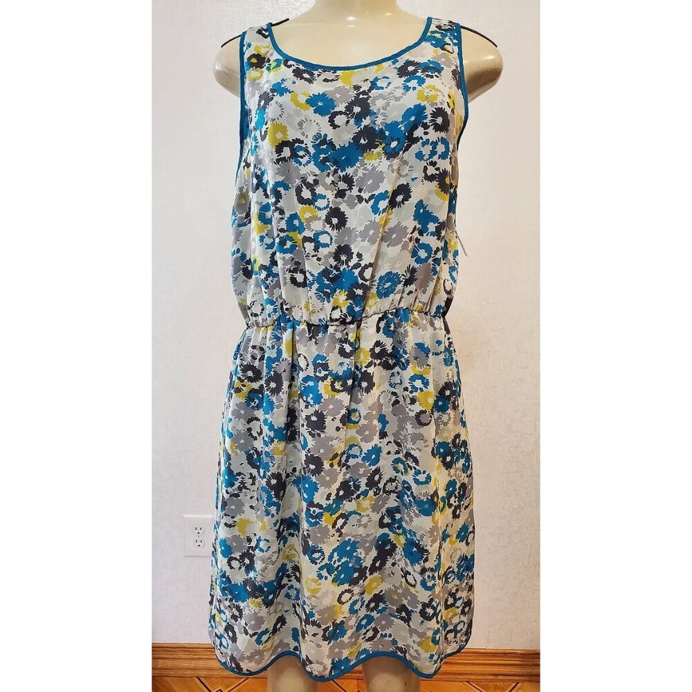 ANTHROPOLOGIE PINS AND NEEDLES CHIFFON BLUE FLORAL SLEEVLESS DRESS SIZE L #307